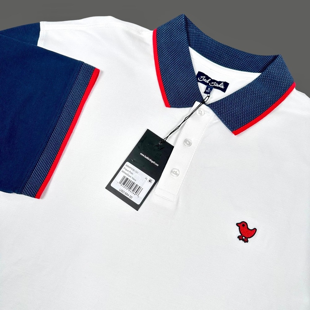 Bad Birdie Pique Polo Mens XL White/Dark Navy Colorblock Short Sleeve Golf Shirt